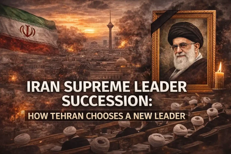 Dramatic representation of the Iran Supreme Leader succession process showing the Assembly of Experts during a national leadership crisis.
