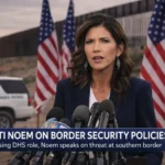 Kristi Noem speaking about US border security policies after Trump removes Kristi Noem DHS from her leadership role.