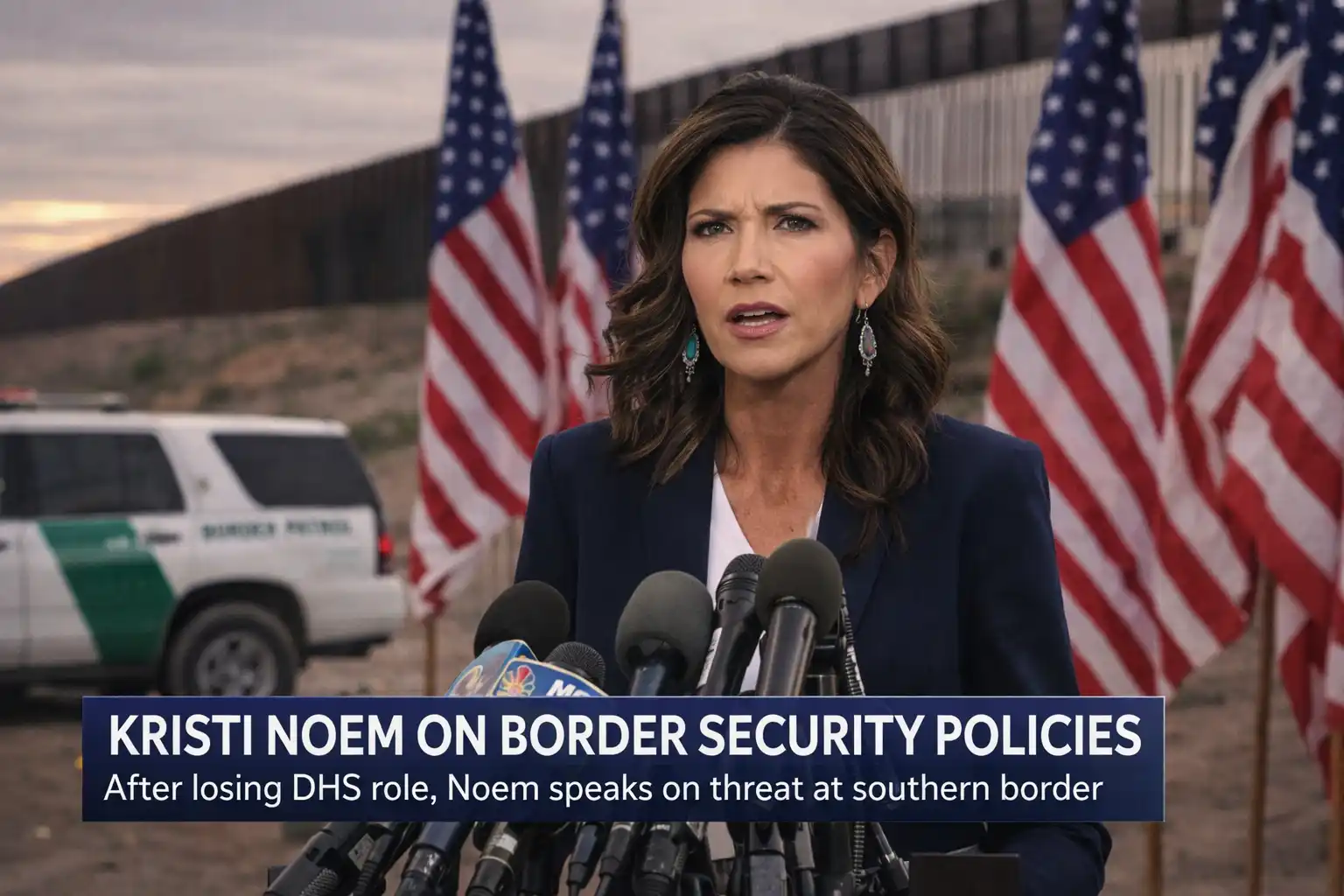 Kristi Noem speaking about US border security policies after Trump removes Kristi Noem DHS from her leadership role.