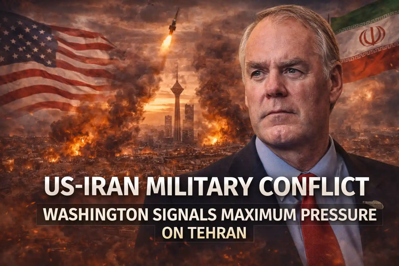 US Iran military conflict graphic showing Washington pressure on Tehran with US and Iran flags and Ryan Zinke during escalating tensions