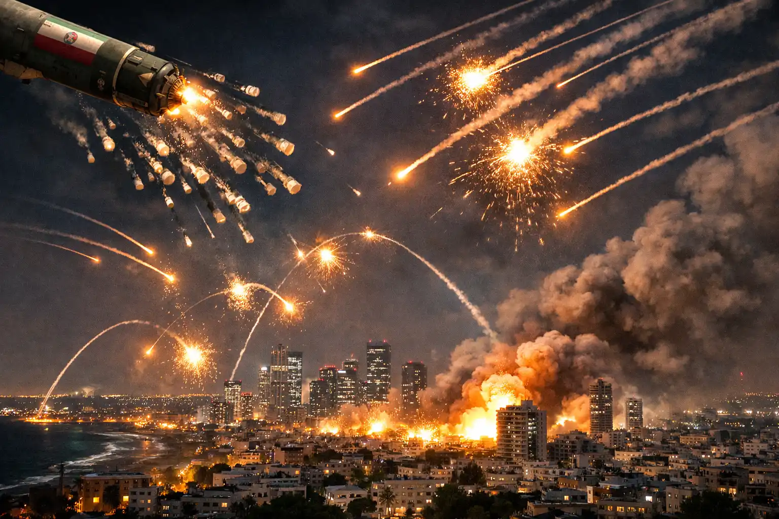 Visual representation of the Iran missile attack on Israel featuring IRGC cluster munitions and air defense interceptions over Tel Aviv.
