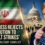 Digital illustration of the US-Iran military conflict featuring President Trump pointing forward, the U.S. Capitol with a rejected gavel icon, and the Iranian flag with a drone launch and target over a cityscape.